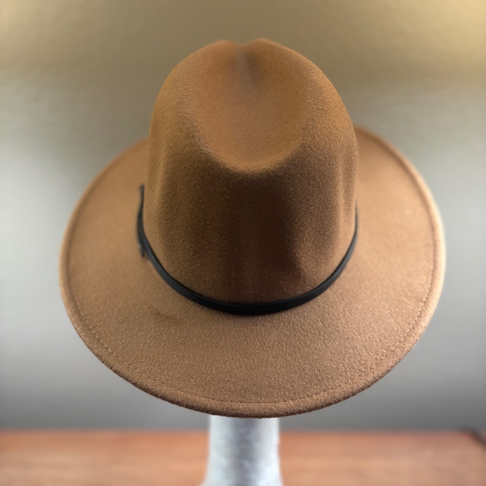 Fedora, Classic Unisex Camel Brown Adjustable Hat with Buckle Black Trim - Picture 3 of 11
